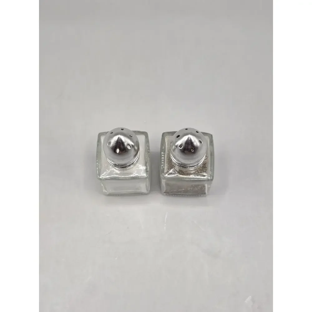 Vintage Taiwan Clear Glass Square Mini Salt and Pepper Shakers Chrome Tops